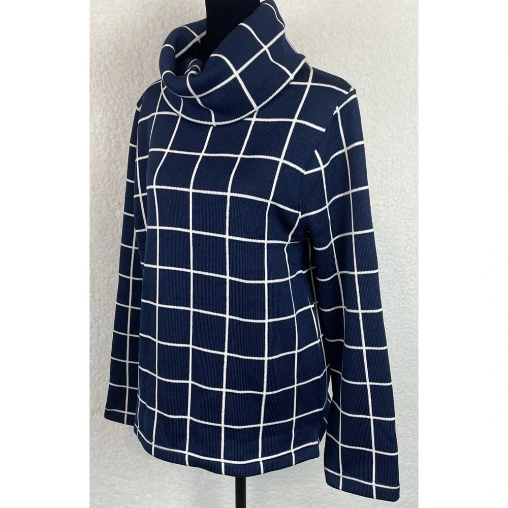 J. CREW • Blue/White Square Grid Windowpane Long Sleeve Turtleneck Sweater, L - Picture 5 of 15